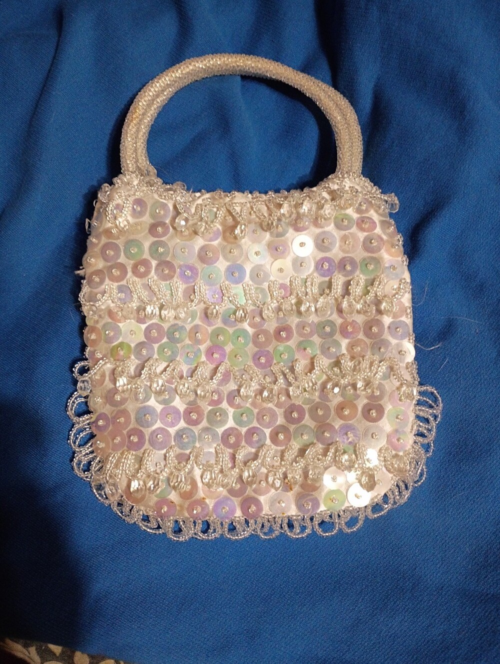 Vintage Iridescent Sequin Beaded Mini Top-Handle Bag - White